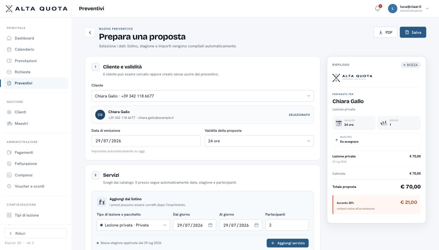 Editor preventivi del gestionale Alta Quota con dati dimostrativi